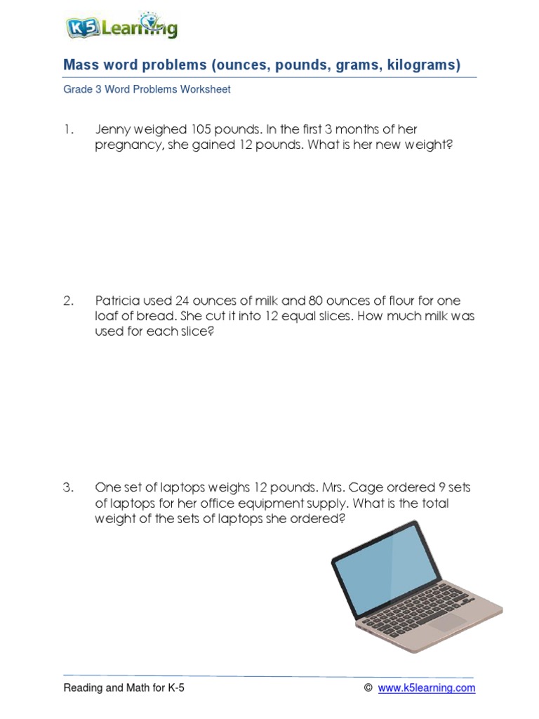 Grade 3 Mass Word Problems Worksheet | PDF