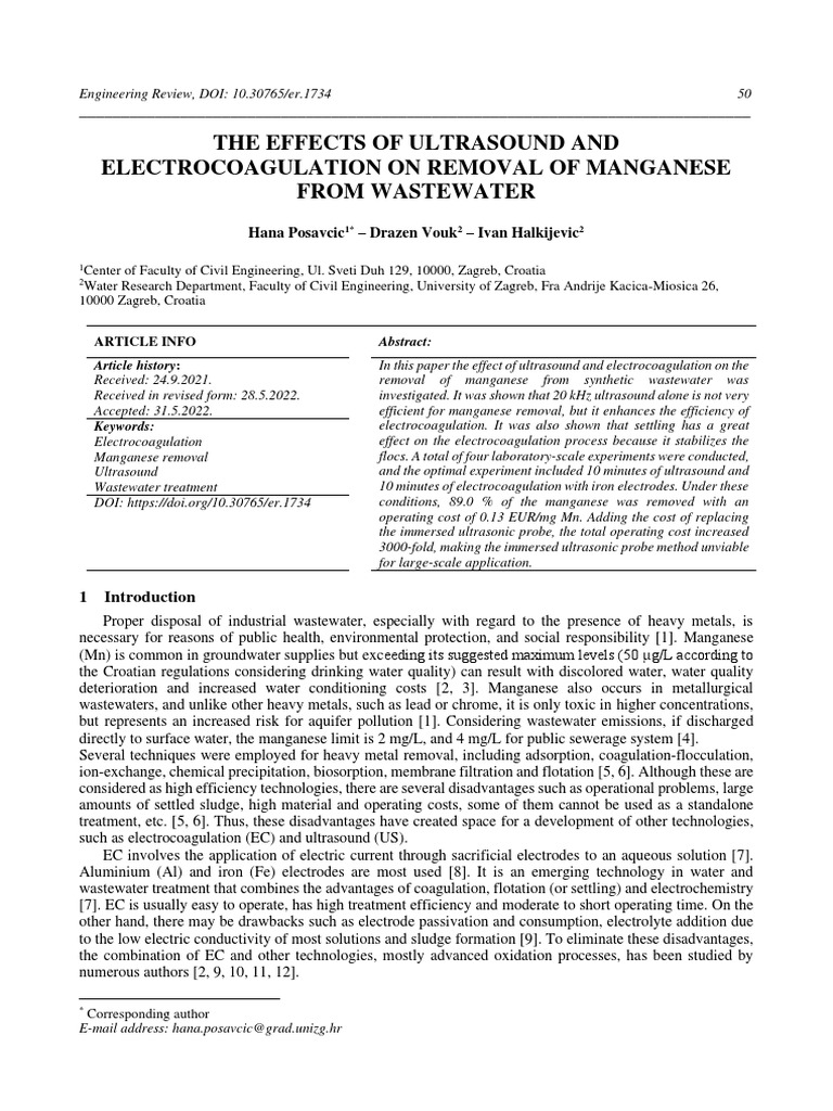 Ultrasound and Electrocoagulation for Manganese Removal | PDF | Sewage ...