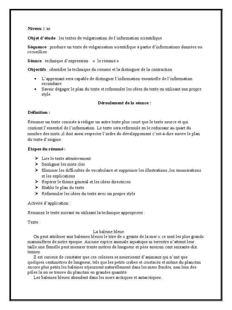 Techniques de résumé en français 1AS | PDF