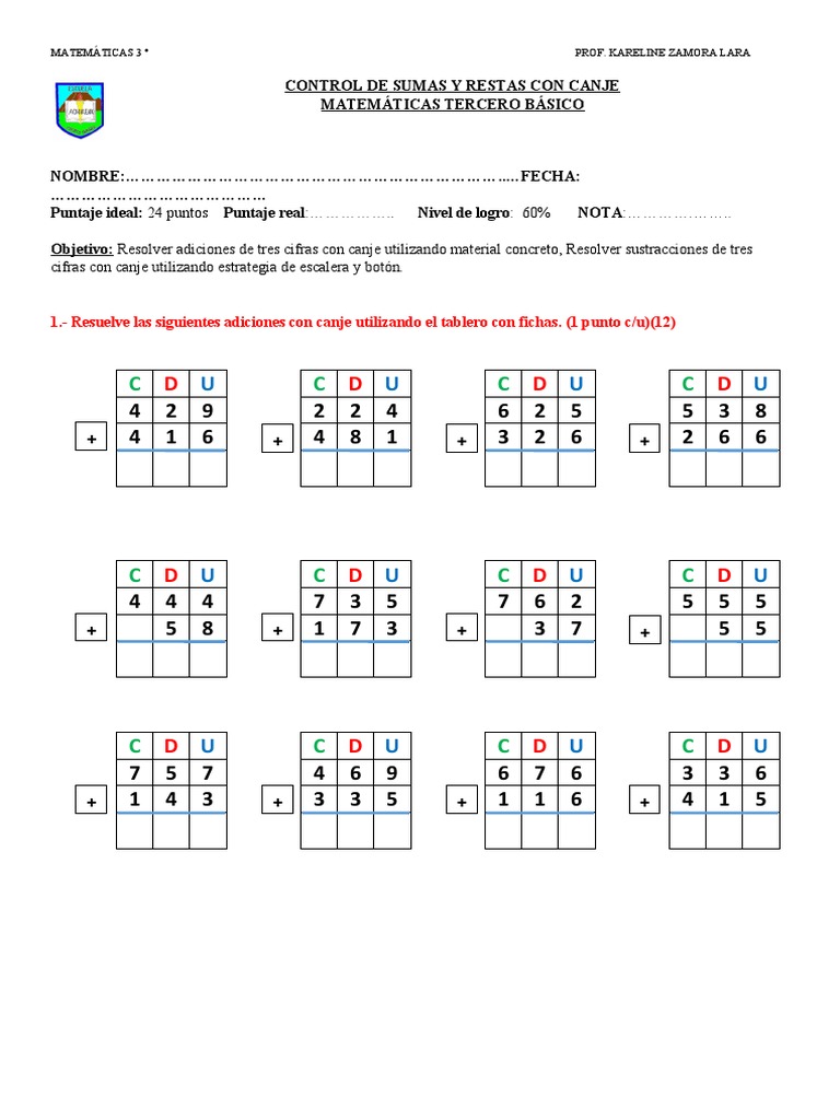 Sumas y Restas con Canje para 3° Básico | PDF | Matemáticas