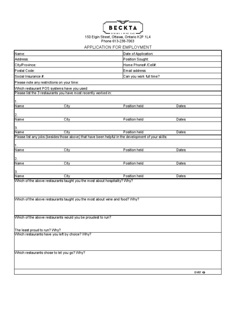 FOH Application PDF Restaurants Cognition