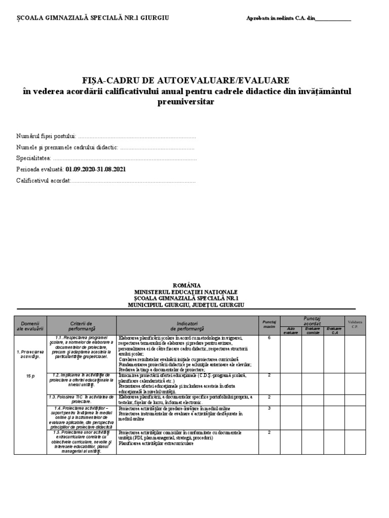 Fisa de Autoevaluare 2020-2021 SC Gimn Speciala Nr.1 | PDF