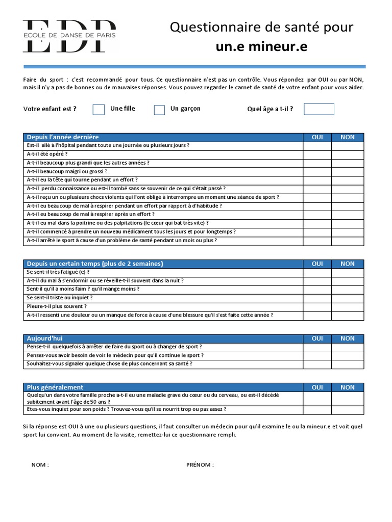 Questionnaire de santé pour mineurs sportifs | PDF | Médecine ...
