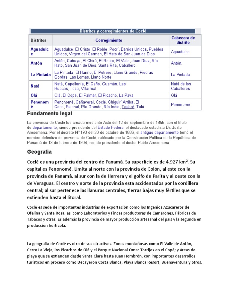 Distritos y Corregimientos de Coclé PDF Panamá