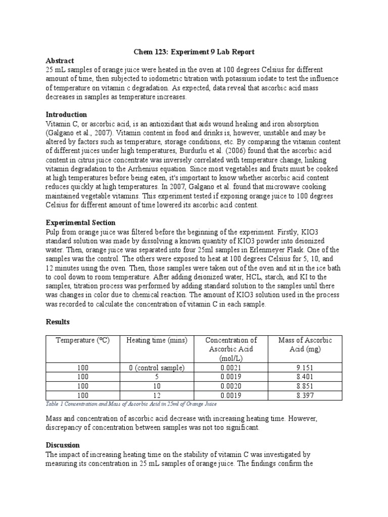 Experiment 9 Lab Report PDF Vitamin C Experiment