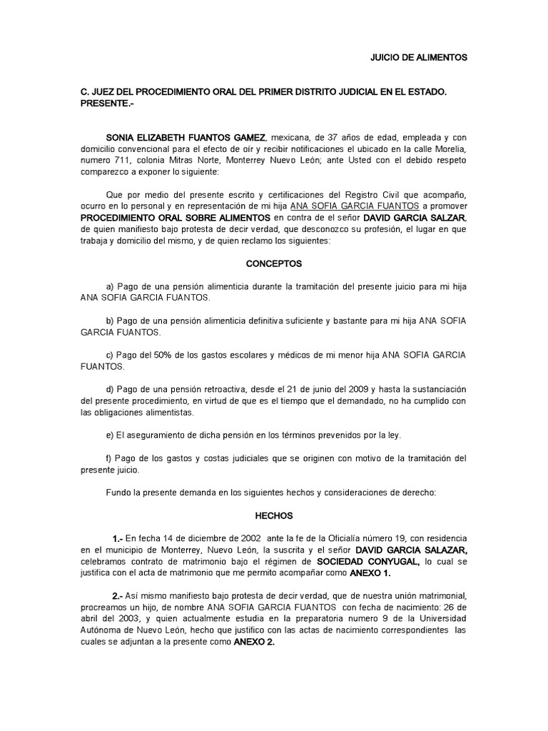 Juicio de Alimentos | PDF | Pensión alimenticia | Demanda judicial