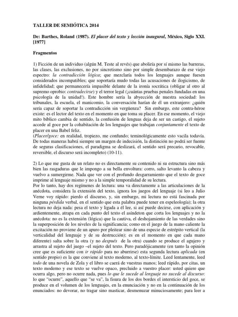 BARTHES - El Placer Del Texto - Fragmentos | PDF | Felicidad | Ciencia ...