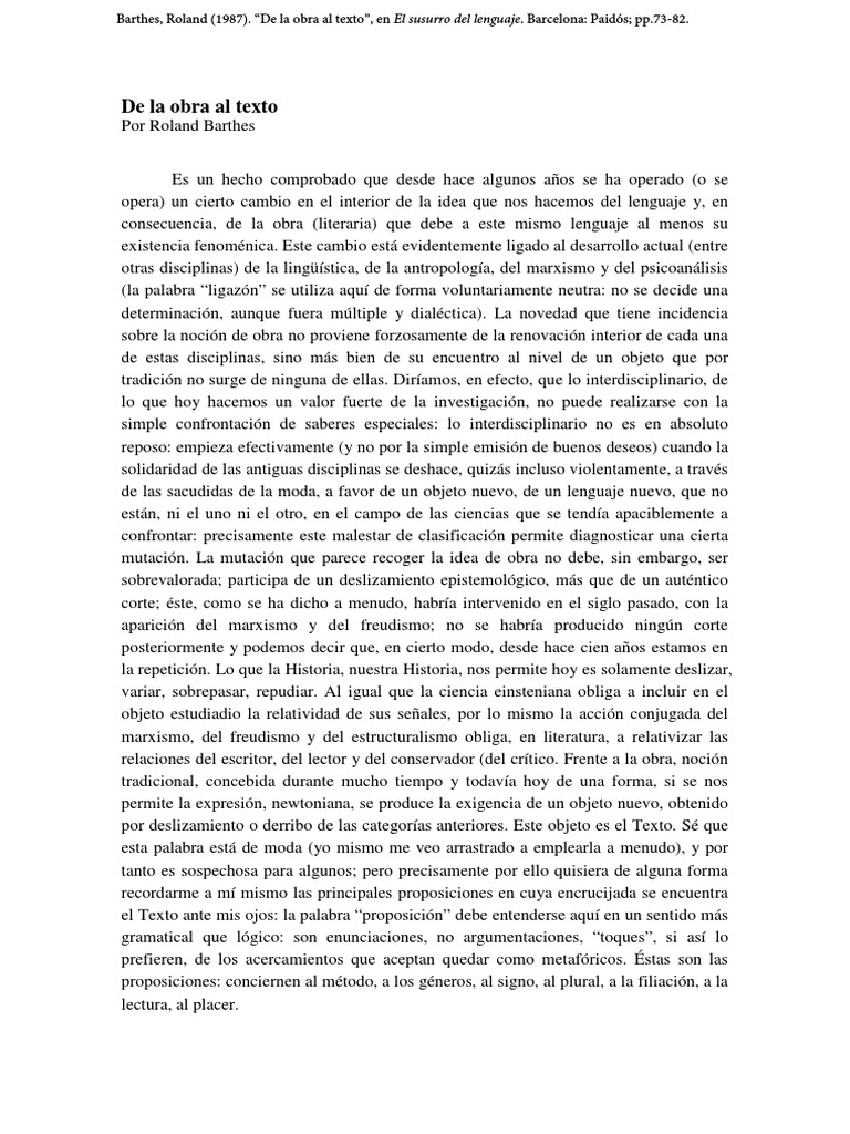 BARTHES - de La Obra Al Texto | PDF | Los símbolos | Autor