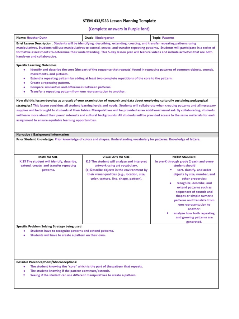 Kindergarten Patterns Lesson Plan | PDF | Learning | Lesson Plan