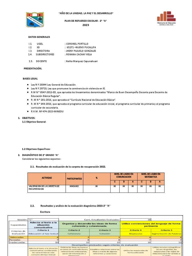 Plan de Refuerzo Escolar 2° "A" 2023 | PDF | Enseñando | Evaluación