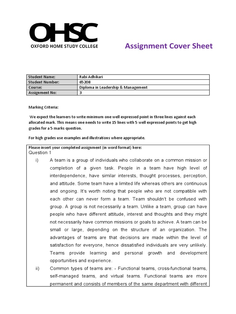 Ohsc Assignment Coversheet 3 | PDF | Leadership | Behavioural Sciences