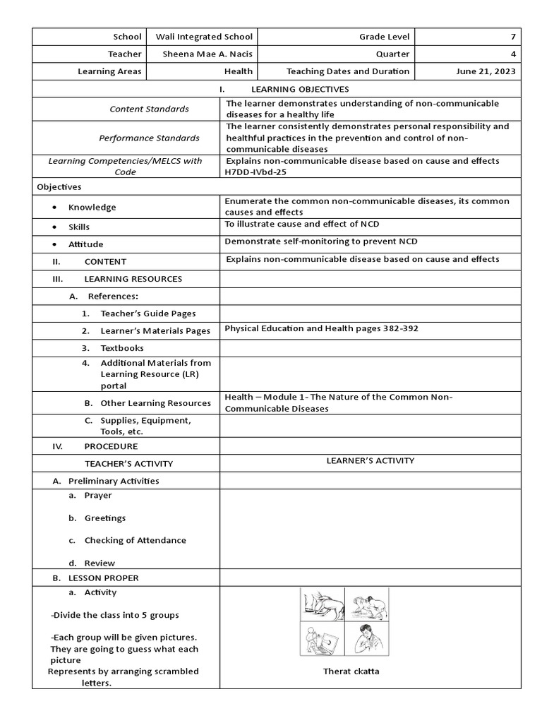 Grade 7 Health: Non-Communicable Diseases | PDF | Learning | Teachers