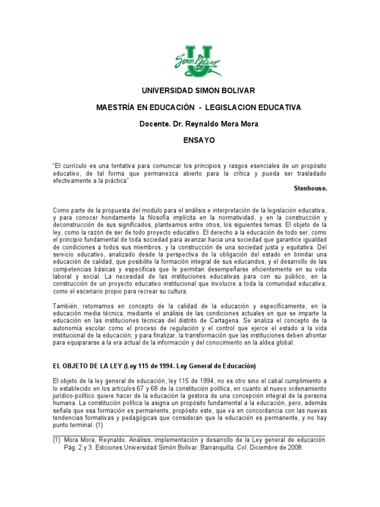 Análisis de la Ley 115 de 1994 en Educación | PDF | Plan de estudios ...