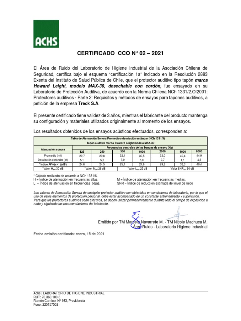 Certificación NCh 1331/2: Tapón Auditivo MAX-30 | PDF