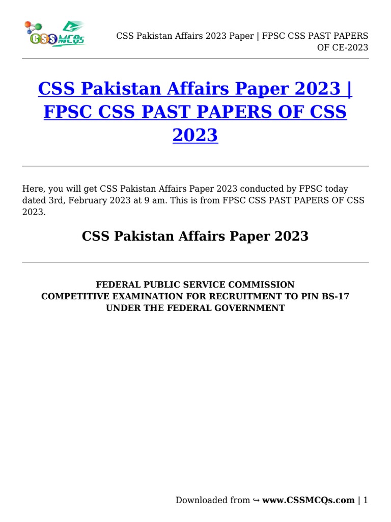 Css Pakistan Affairs 2023 Paper - FPSC Css Past Papers of Ce-2023 | PDF ...