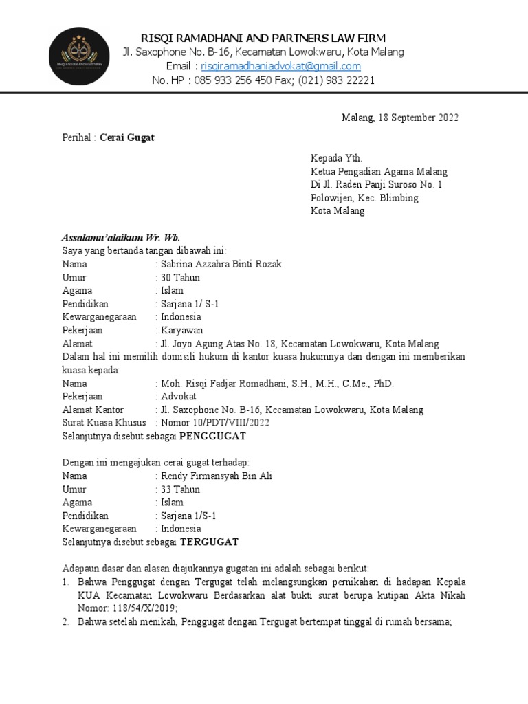 Surat Gugatan Cerai | PDF