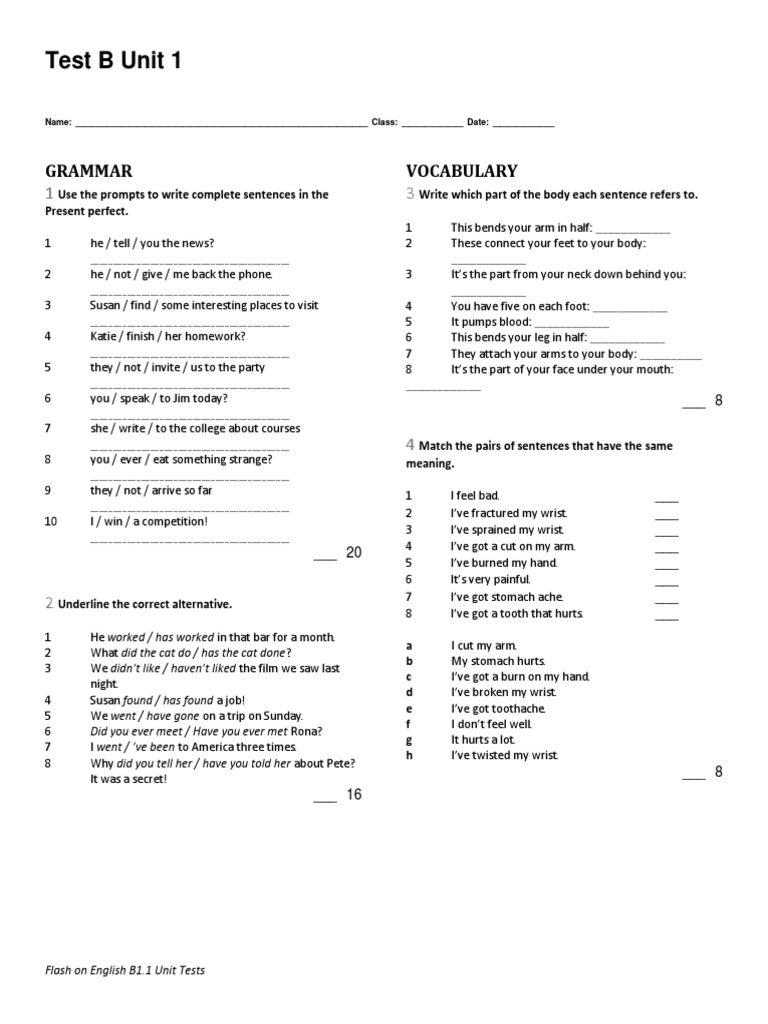 Flash b1.1 Unit 1 Test B | PDF | Self-Improvement