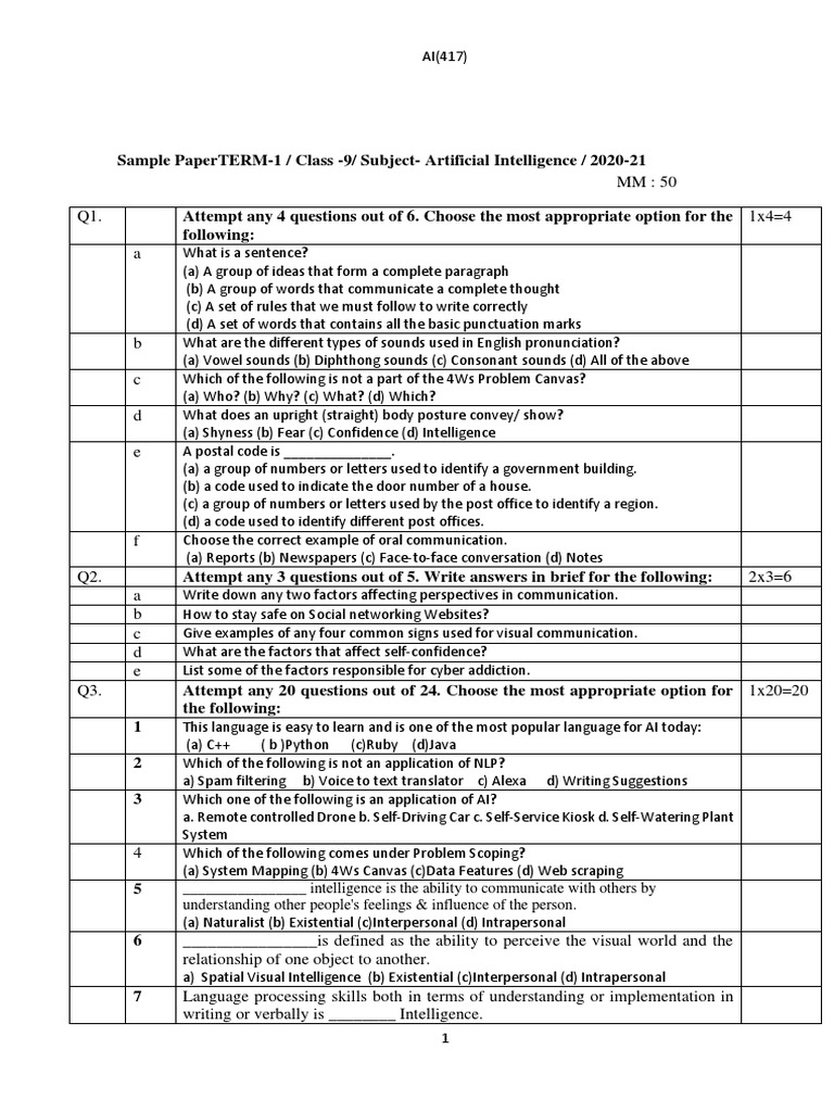 Sample paper 1 class 9 ai pdf artificial intelligence