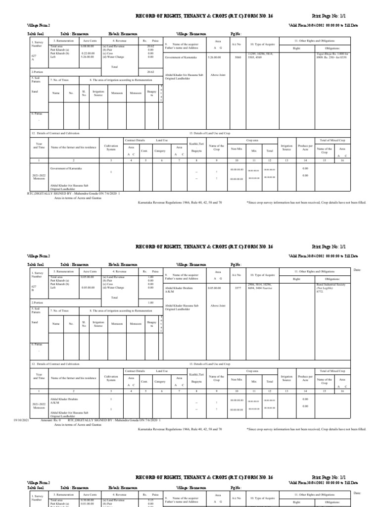 Record of Rights, Tenancy & Crops (R.T.C) Form No. 16 | PDF