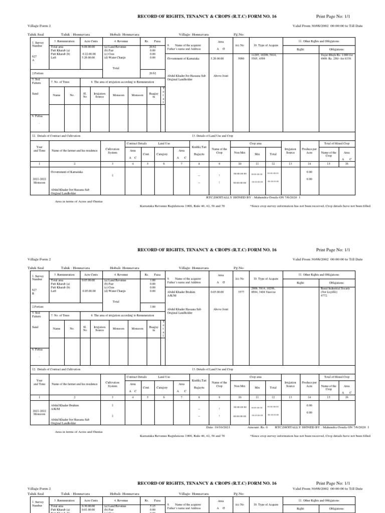 Karnataka RTC Form No. 16 Details | PDF | Agriculture