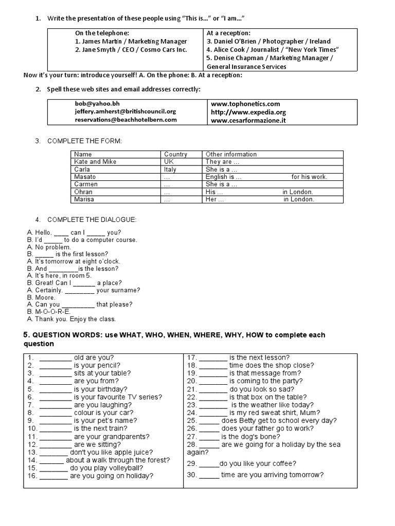 English Exercises For 5th Graders
