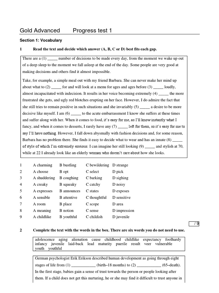 Gold C1 Test Zaliczeniowy 1 | PDF | Developmental Psychology ...