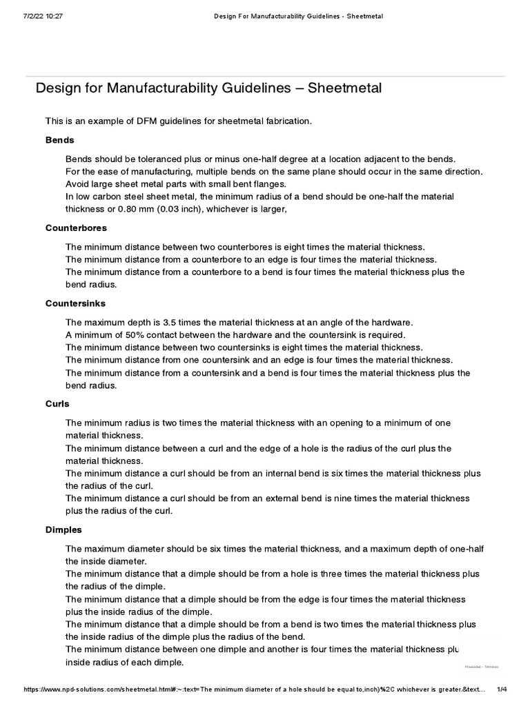 Design For Manufacturability Guidelines Sheetmetal PDF Sheet Metal Secondary Sector Of