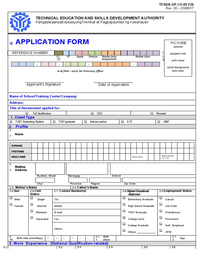 TESDA NC1 Application Form | PDF