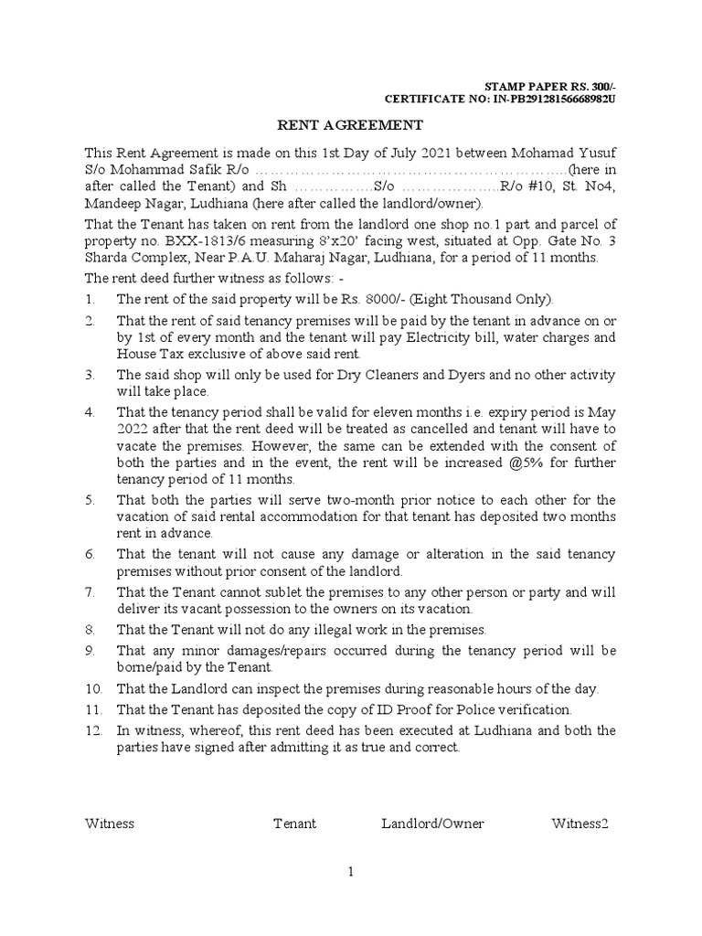 Rent Agreement PDF Leasehold Estate Landlord