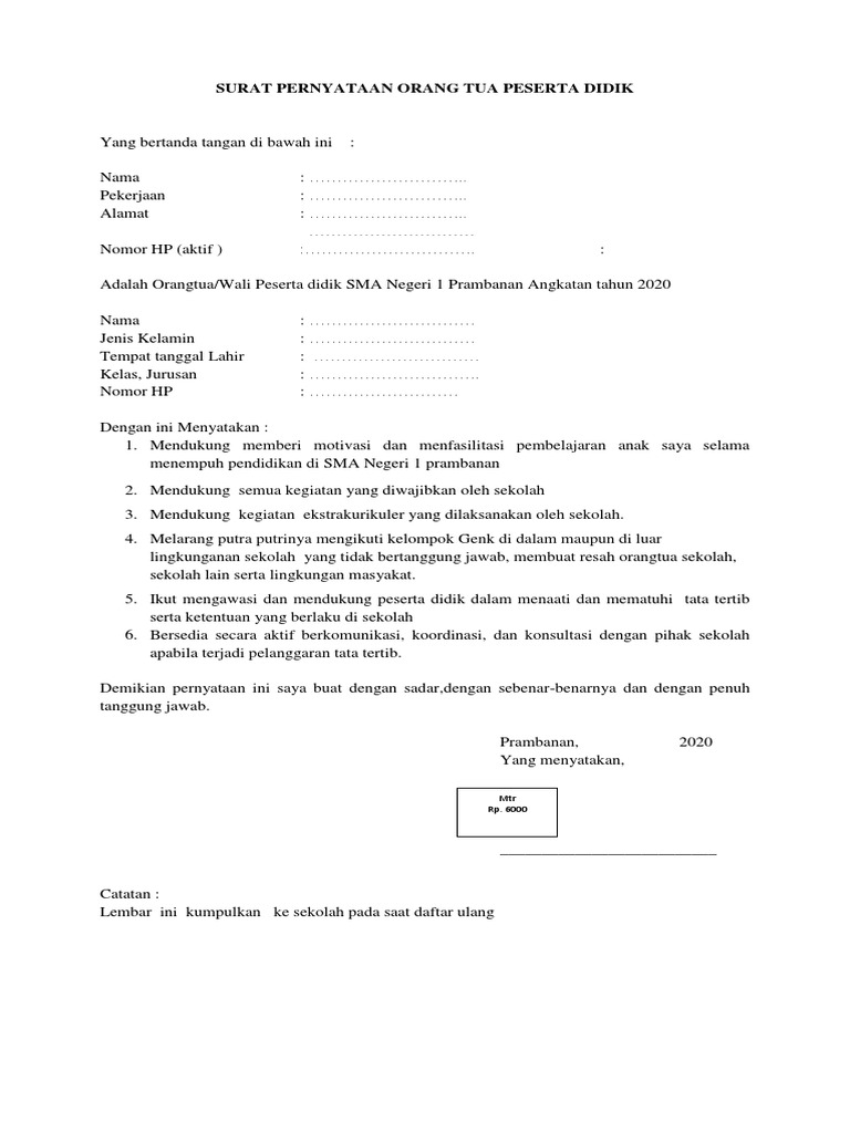 Surat Pernyataan Orang Tua Peserta Didik | PDF