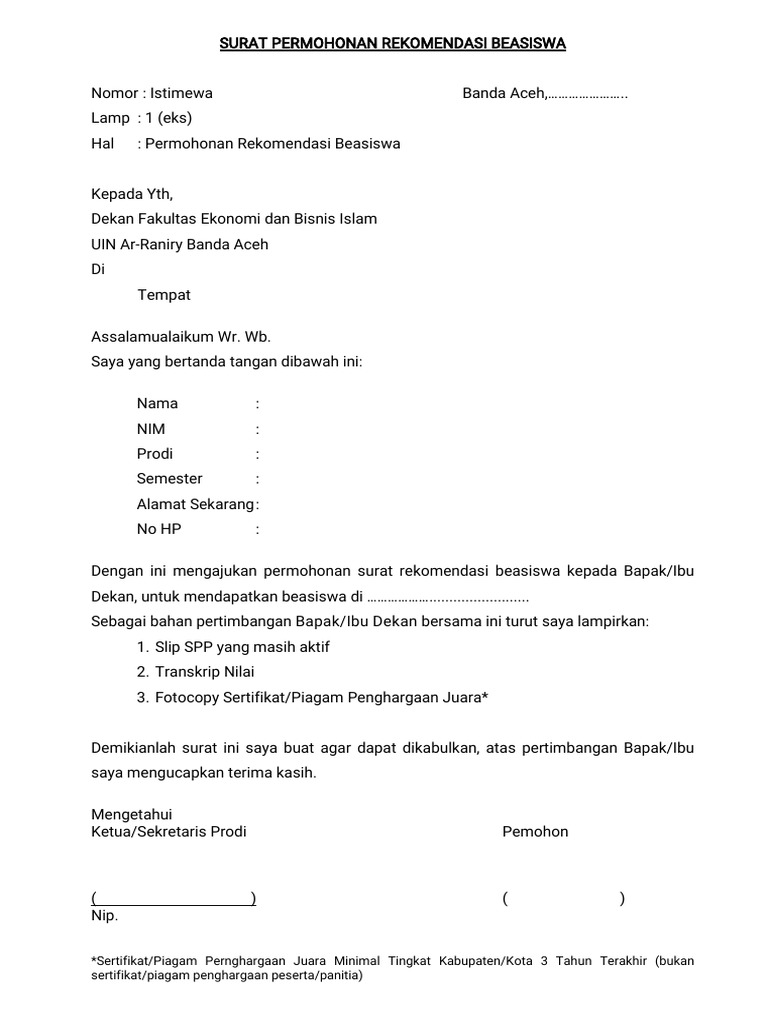 Permohonan Rekomendasi Beasiswa UIN | PDF