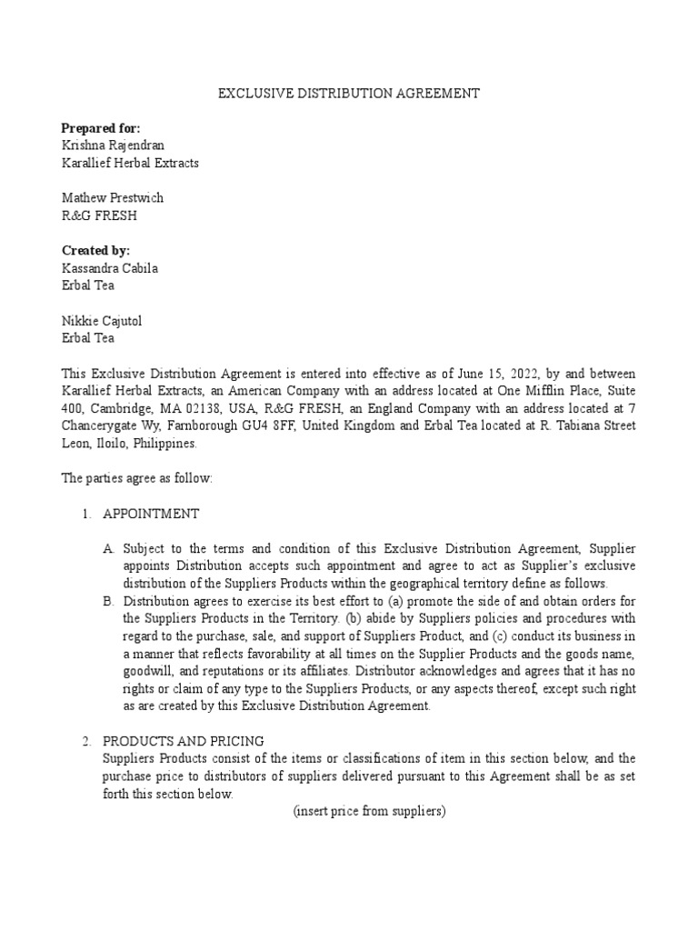 Exclusive Distribution Agreement Overview | PDF | Tea | Market (Economics)