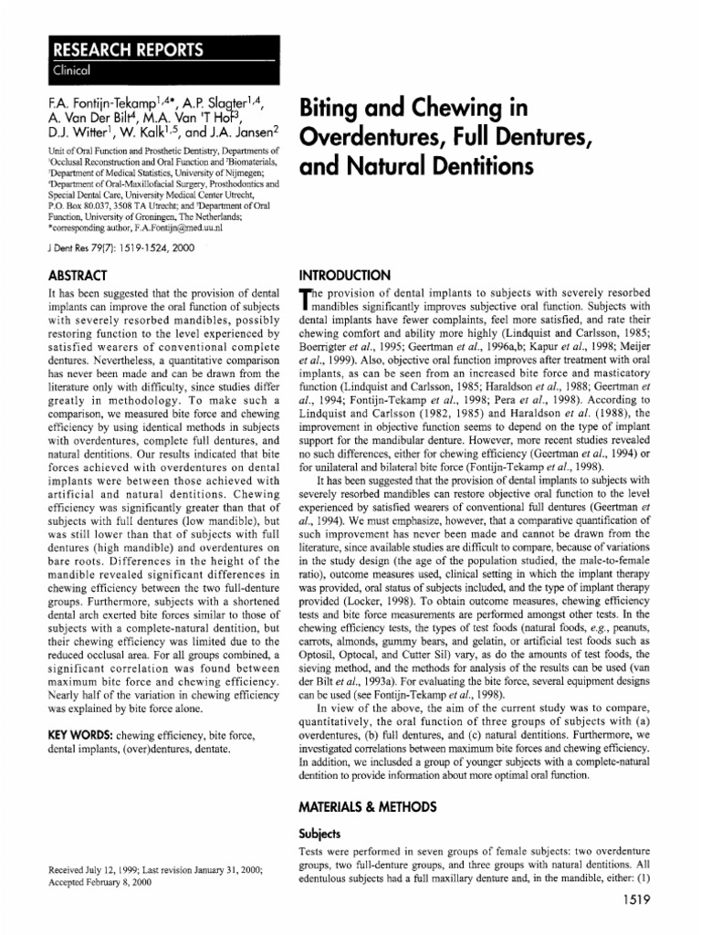 Biting and Chewing in Overdentures, Full Dentures and Natural