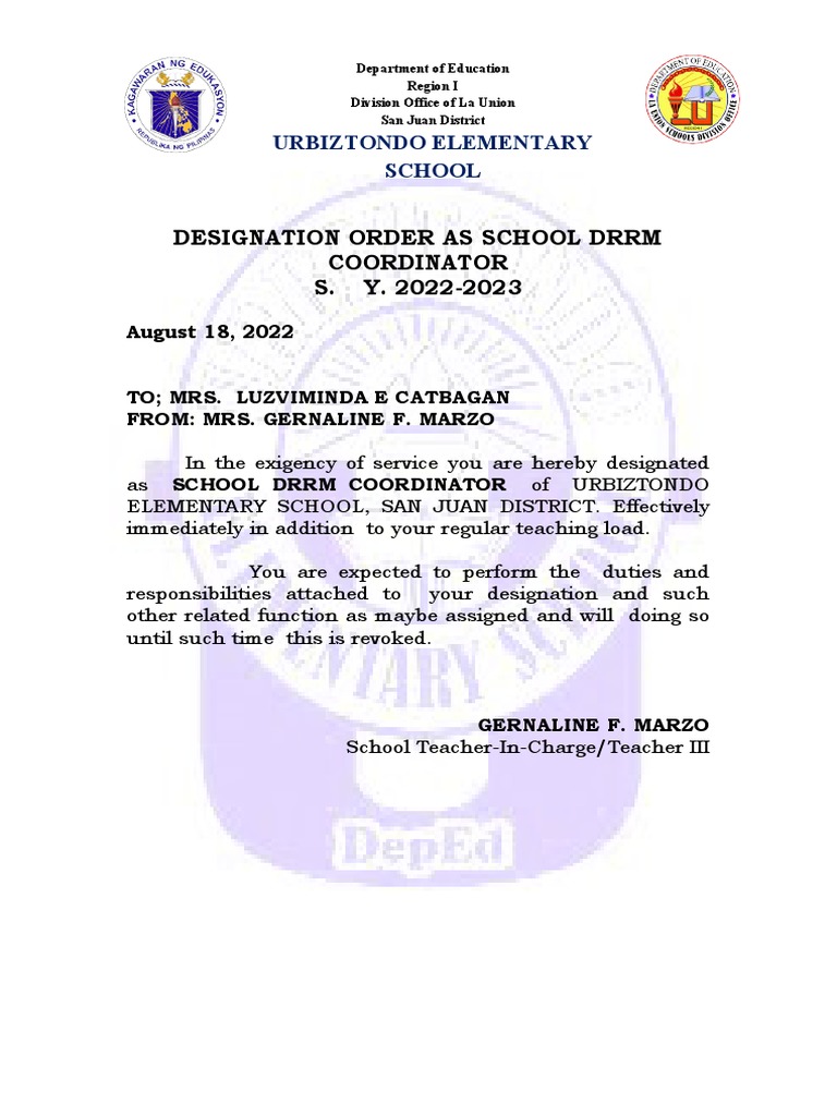 Designation of DRRM Coordinator 2022 | PDF
