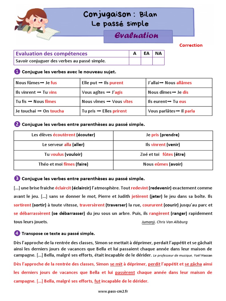 évaluation Passé Simple Cm2 Avec Correction