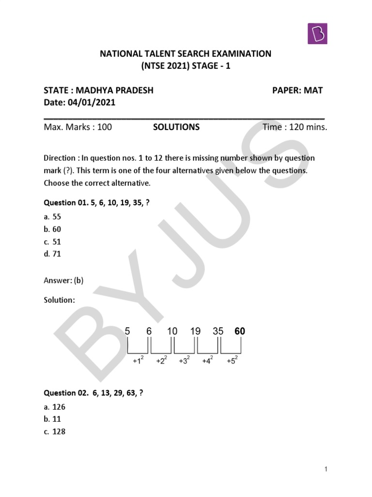 Madhya Pradesh NTSE 2021 Stage 1 MAT and SAT Question and Solutions