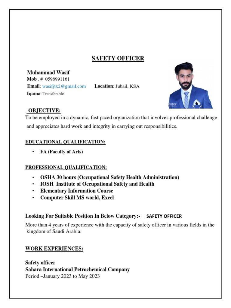 Wasif Safety Officer CV Ok 123 | PDF | Safety | Occupational Safety And ...