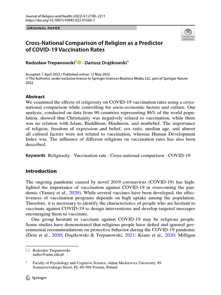 Cross National Comparison of Religion As A Predictor of Covid 19