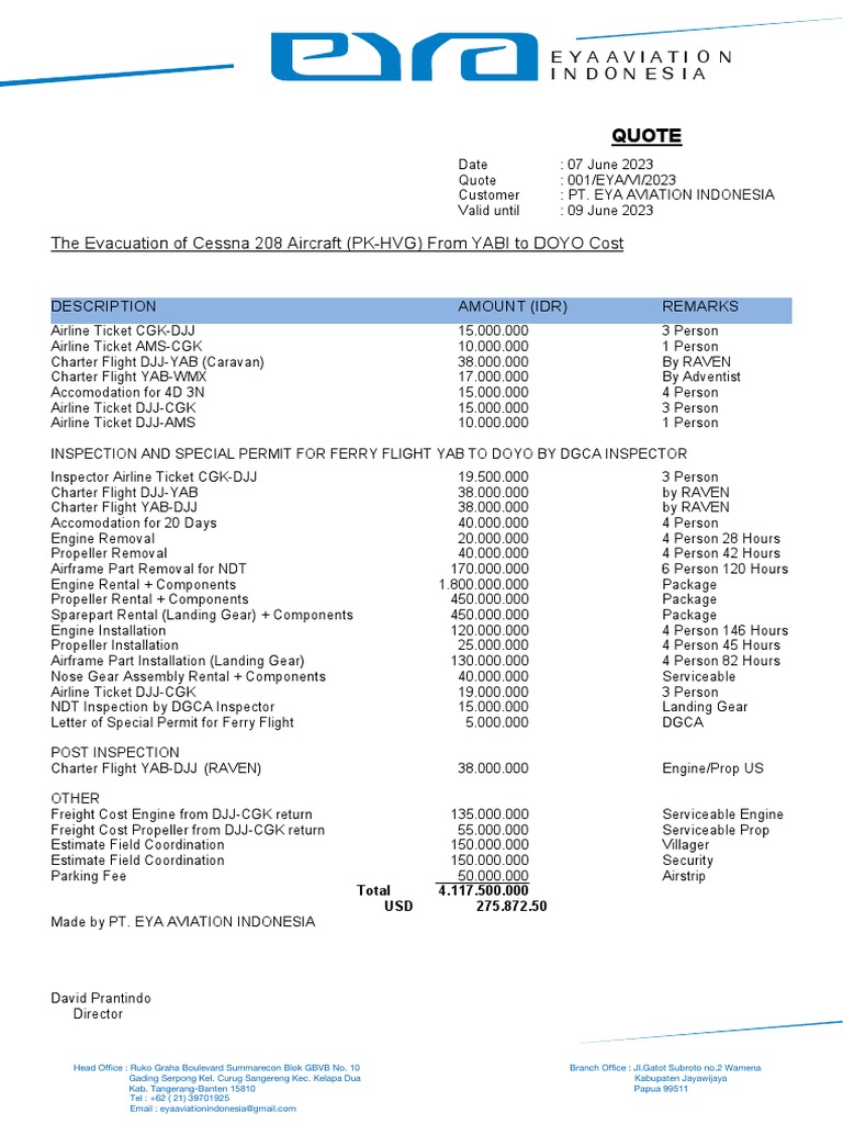 Cessna 208 Evacuation Cost Estimate | PDF | Aerospace | Vehicles