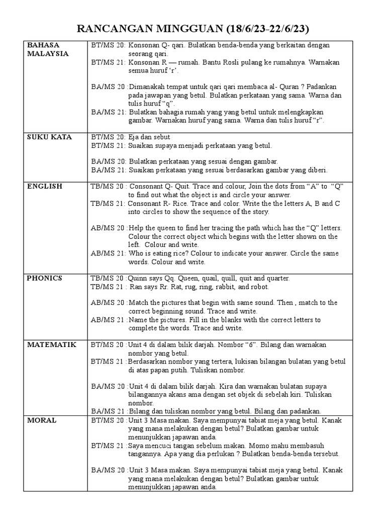 RANCANGAN MINGGUAN Tadika | PDF