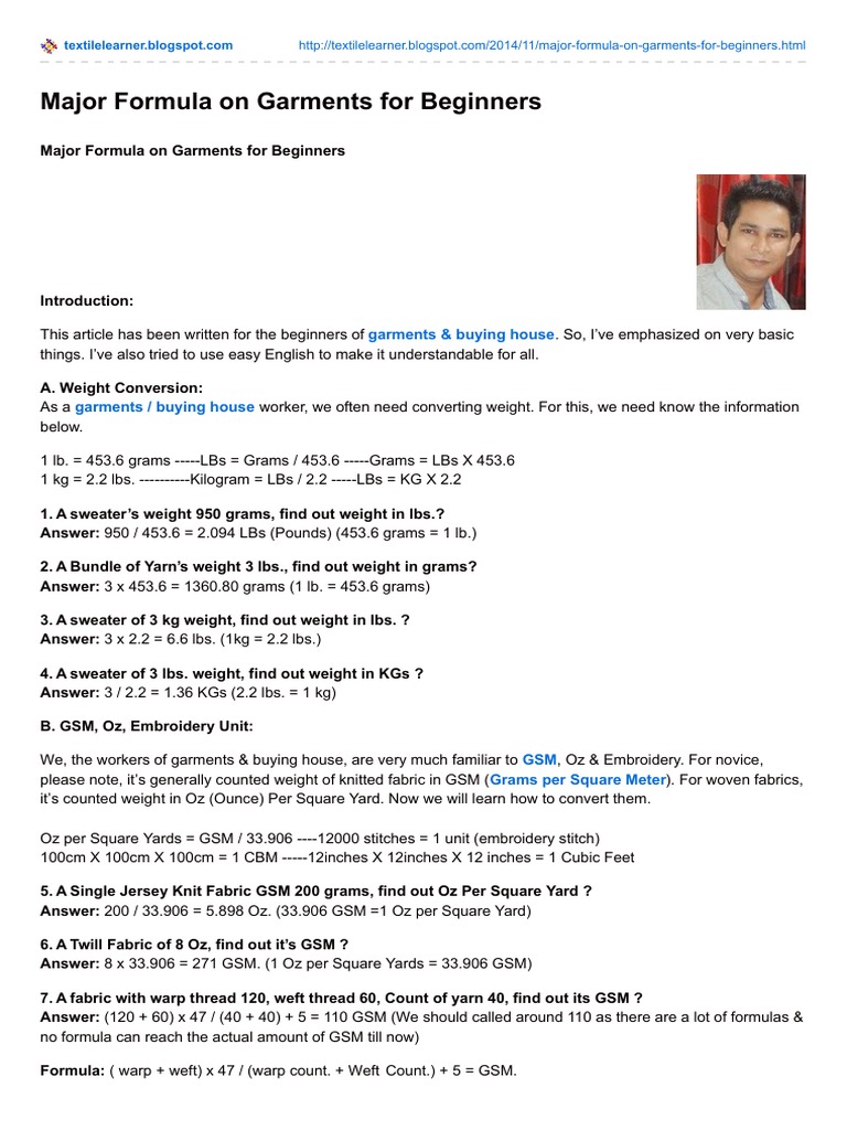 Major Formula On Garments For Beginners PDF