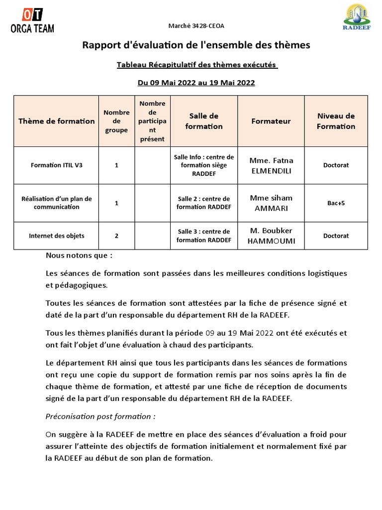 Rapport d'évaluation des formations RADEEF | PDF