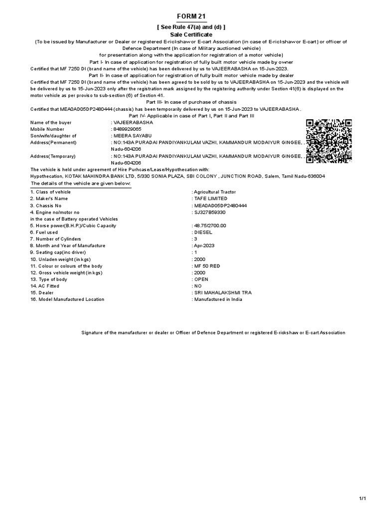 Form 21: (See Rule 47 (A) and (D) ) Sale Certificate | Download Free ...