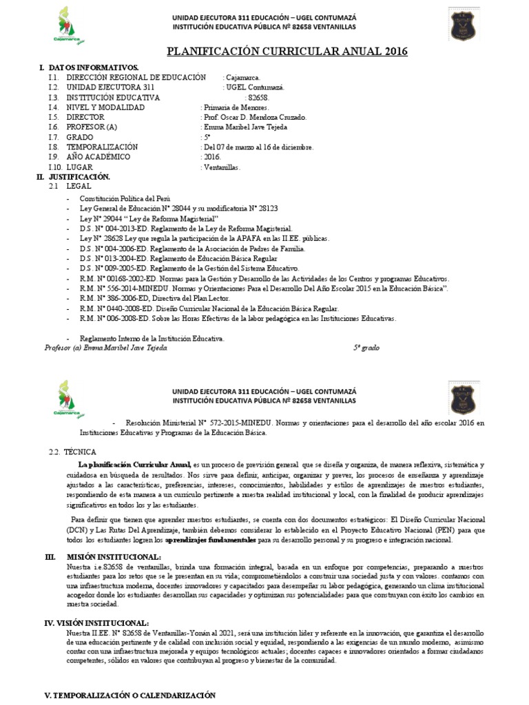 Planificación Curricular 2016 - IE 82658 | PDF | Plan de estudios ...