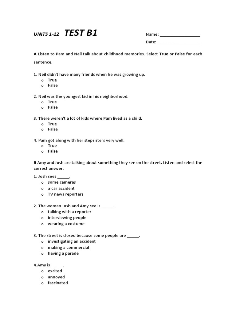 B1 Test Units 1-12 Listening & Grammar | PDF | Adverb | Linguistics