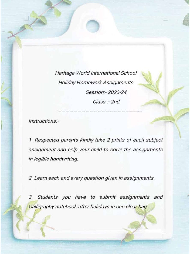 Holiday Homework Assignment Class-2 | PDF