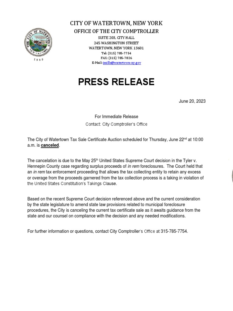 City of Watertown Tax Sale Certificate Auction Canceled PDF