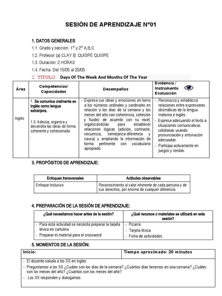 Sesion 01 Los Dias de La Semana y Los Meses Del Año | PDF | Aprendizaje ...
