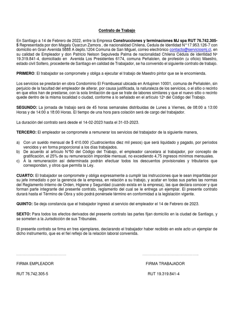 Contrato de Trabajo de Maestro Pintor | PDF | Derecho laboral | Justicia