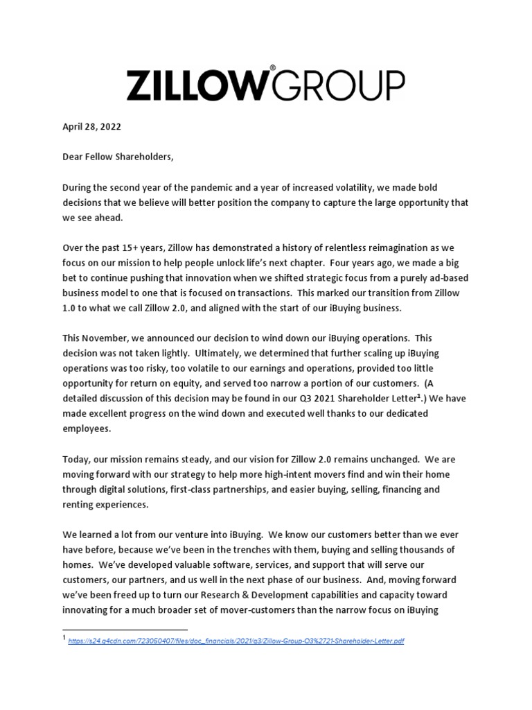2021 Zillow Letter To Shareholders April 2022 PDF Risk U.S